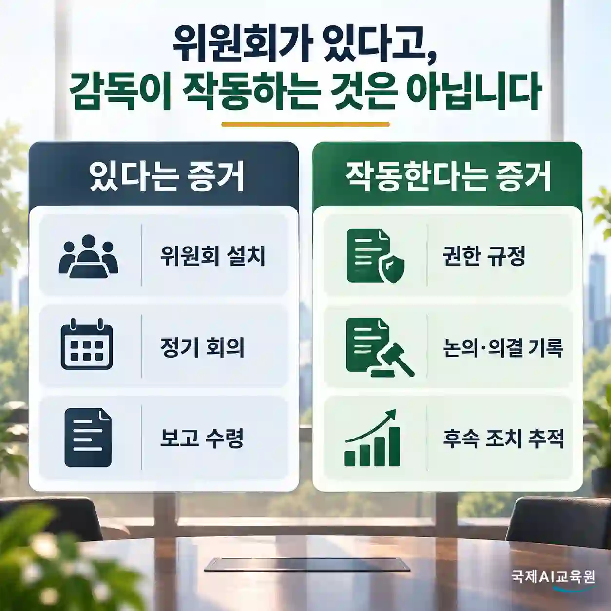 ESG 거버넌스에서 겉으로 보이는 것과 작동의 증거를 비교한 인포그래픽 — 위원회 설치, 정기 회의, 보고 수령과 권한 규정, 논의·의결 기록, 후속 조치 추적을 나란히 배치
