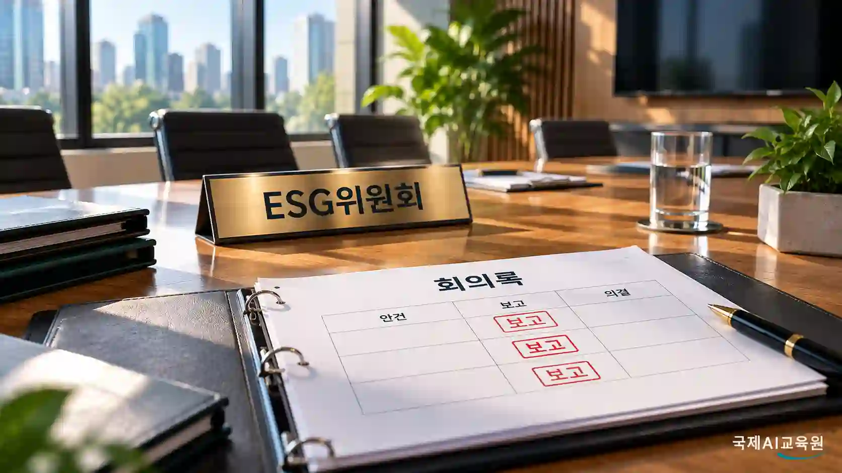 빈 회의실 테이블 위에 ESG위원회 명패와 회의록 파일이 놓여 있고, 회의록에는 보고 안건 표시만 이어지는 장면 — ESG위원회의 감독이 실제로 작동하는지 확인하는 모습