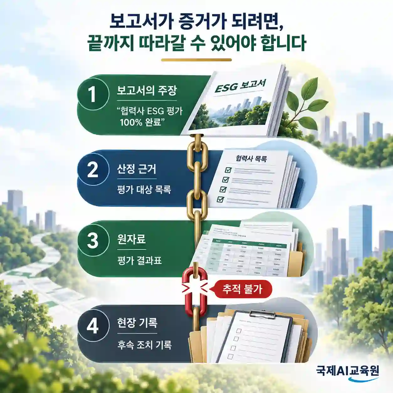 ESG 보고서가 증거가 되기 위한 추적 사슬 인포그래픽 — 보고서의 주장, 산정 근거(평가 대상 목록), 원자료(평가 결과표)는 이어지지만 현장 기록(후속 조치 기록)에서 사슬이 끊겨 추적 불가