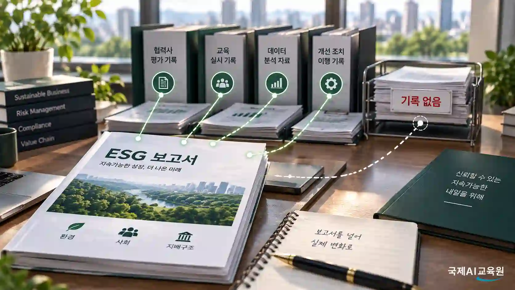 ESG 보고서의 문장이 실제 운영 기록 바인더로 이어지고 한 곳은 기록 없음으로 끊기는 장면
