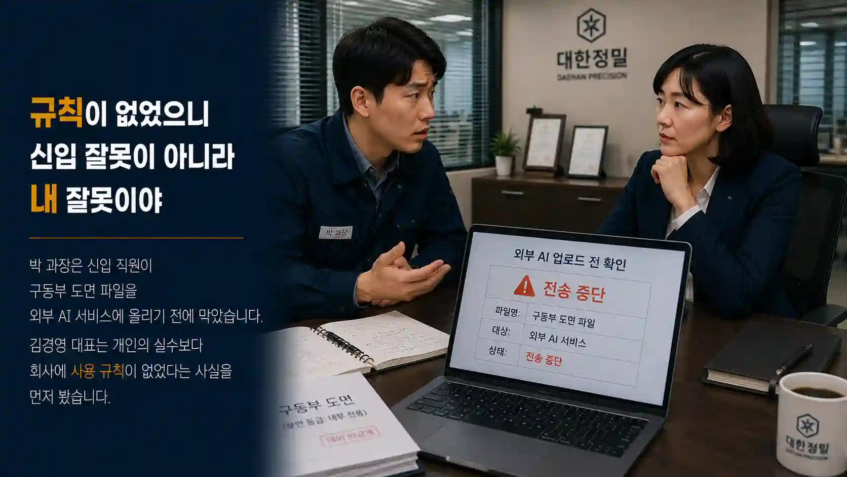 구동부 도면 파일의 외부 AI 전송이 중단된 상황을 보고받고 기업 AI 사용 규칙의 필요성을 판단하는 김경영 대표