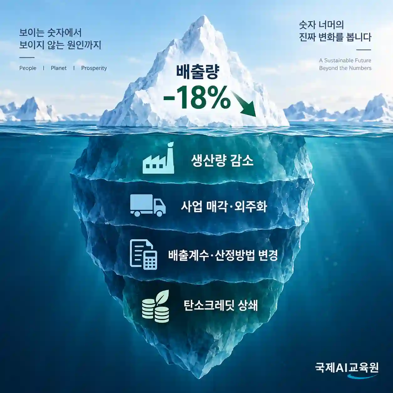온실가스 배출량 −18% 감소 뒤에 숨은 원인을 빙산으로 표현한 인포그래픽 — 수면 아래 생산량 감소, 사업 매각·외주화, 배출계수·산정방법 변경, 탄소크레딧 상쇄