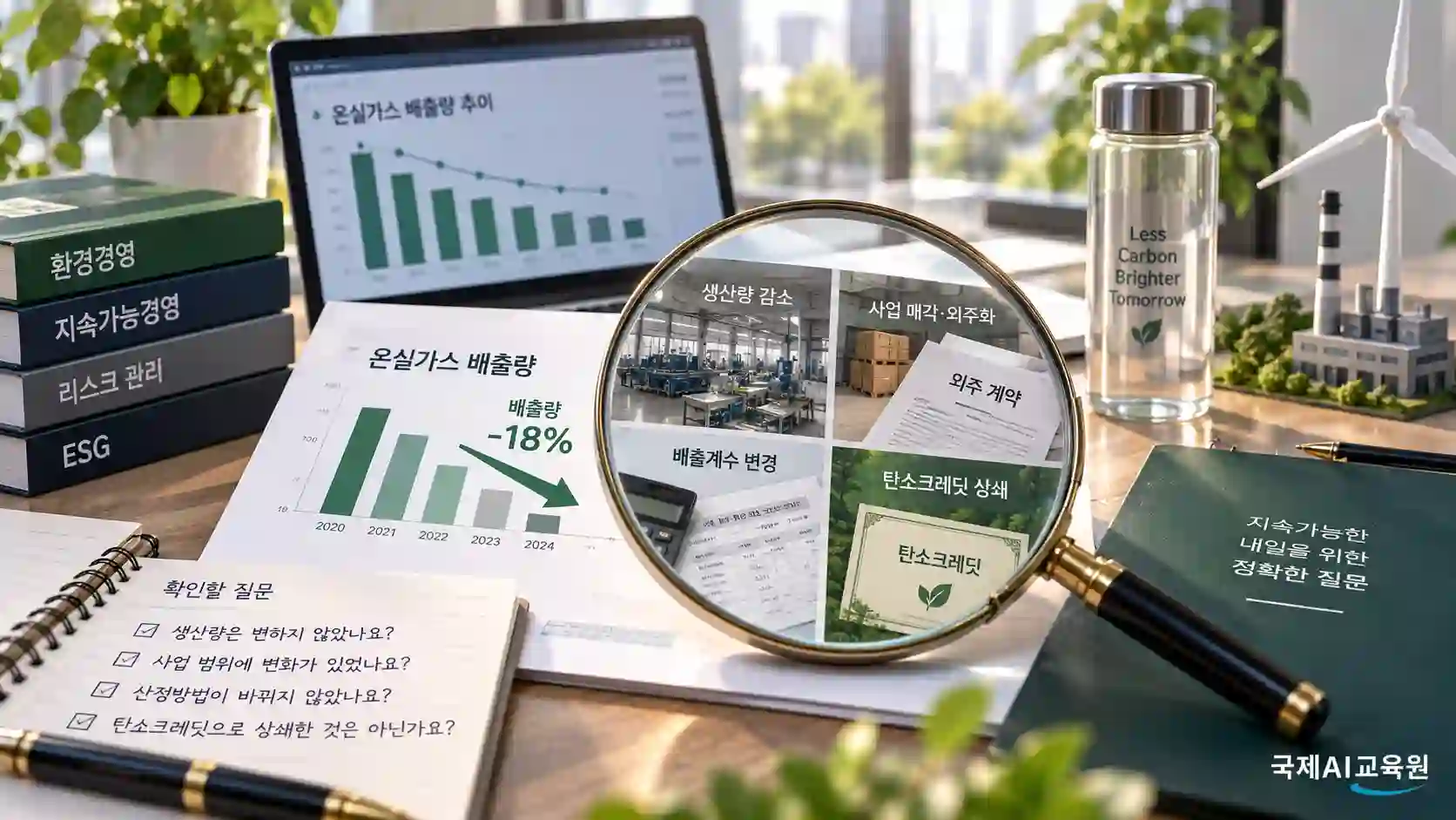 온실가스 배출량 18% 감소 보고서를 돋보기로 확인하는 장면