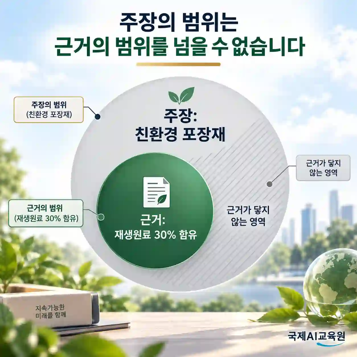 주장의 범위와 근거의 범위를 비교한 인포그래픽 — 큰 원 '친환경 포장재' 안에 작은 원 '재생원료 30% 함유'가 있고, 그 바깥은 근거가 닿지 않는 영역으로 표시