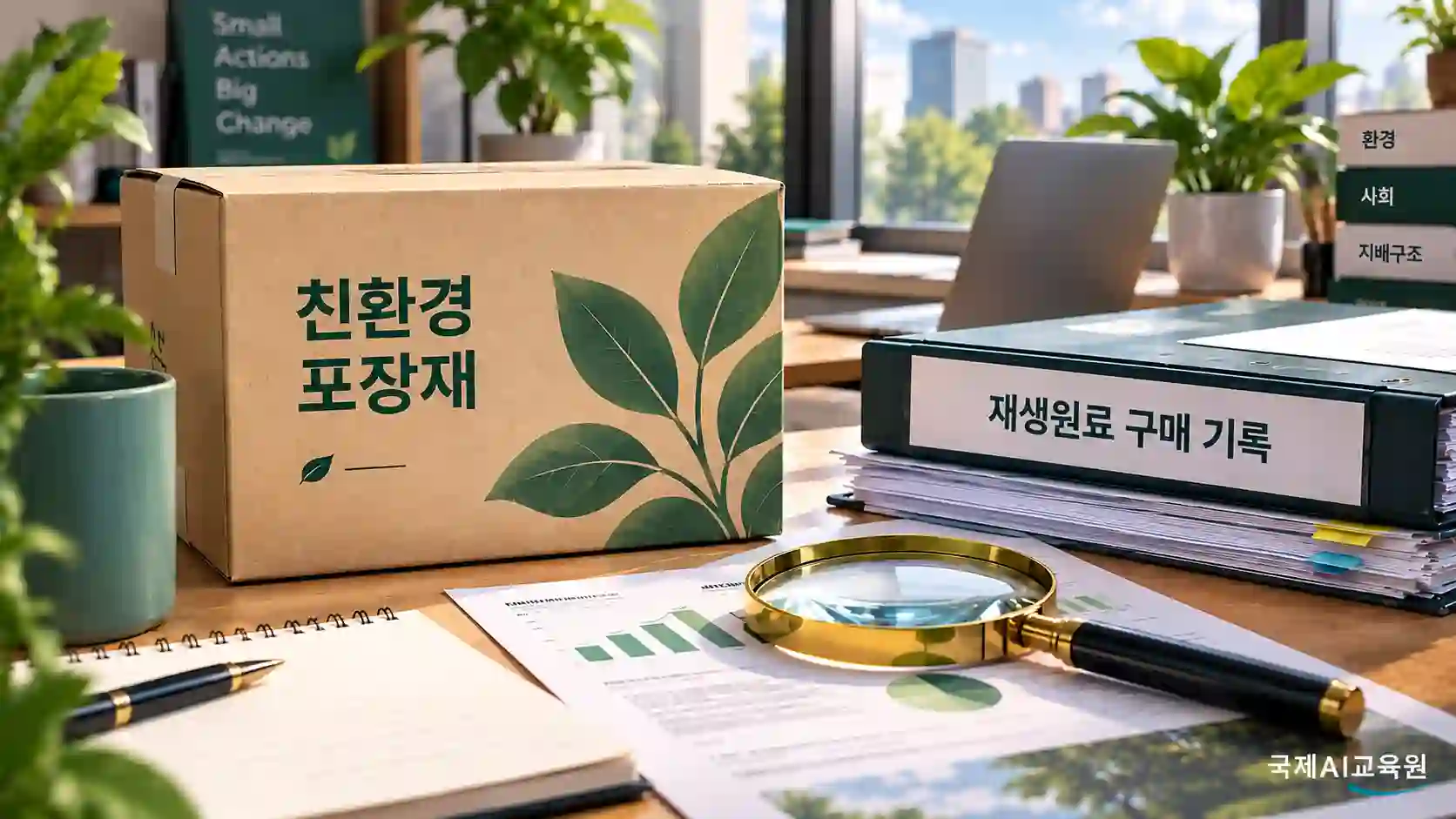 '친환경 포장재' 상자 옆에 재생원료 구매 기록 파일과 돋보기가 놓인 장면