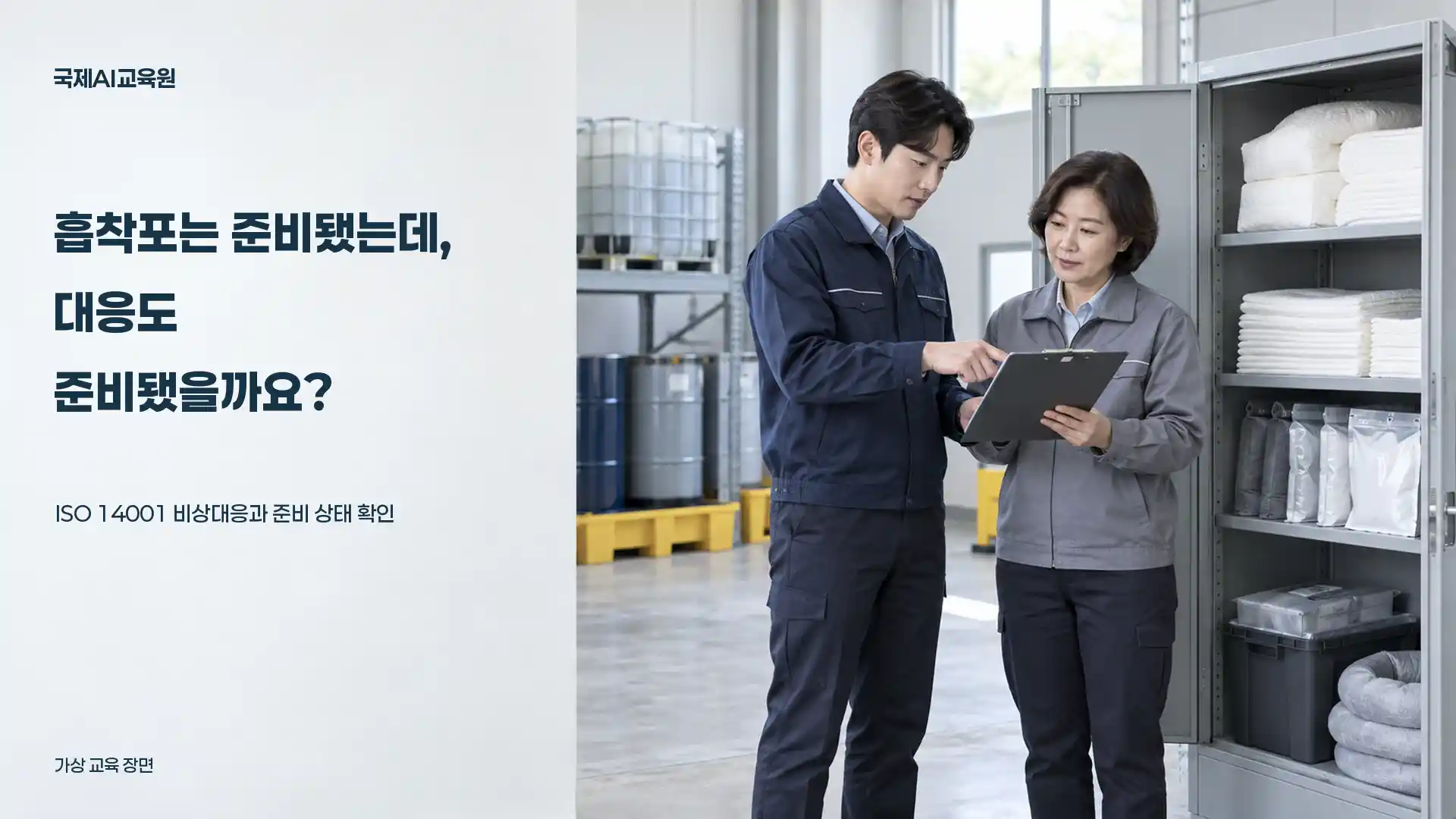 비상대응 물품 보관함 옆에서 두 담당자가 준비 상태와 관련 문서를 함께 확인하는 가상 장면