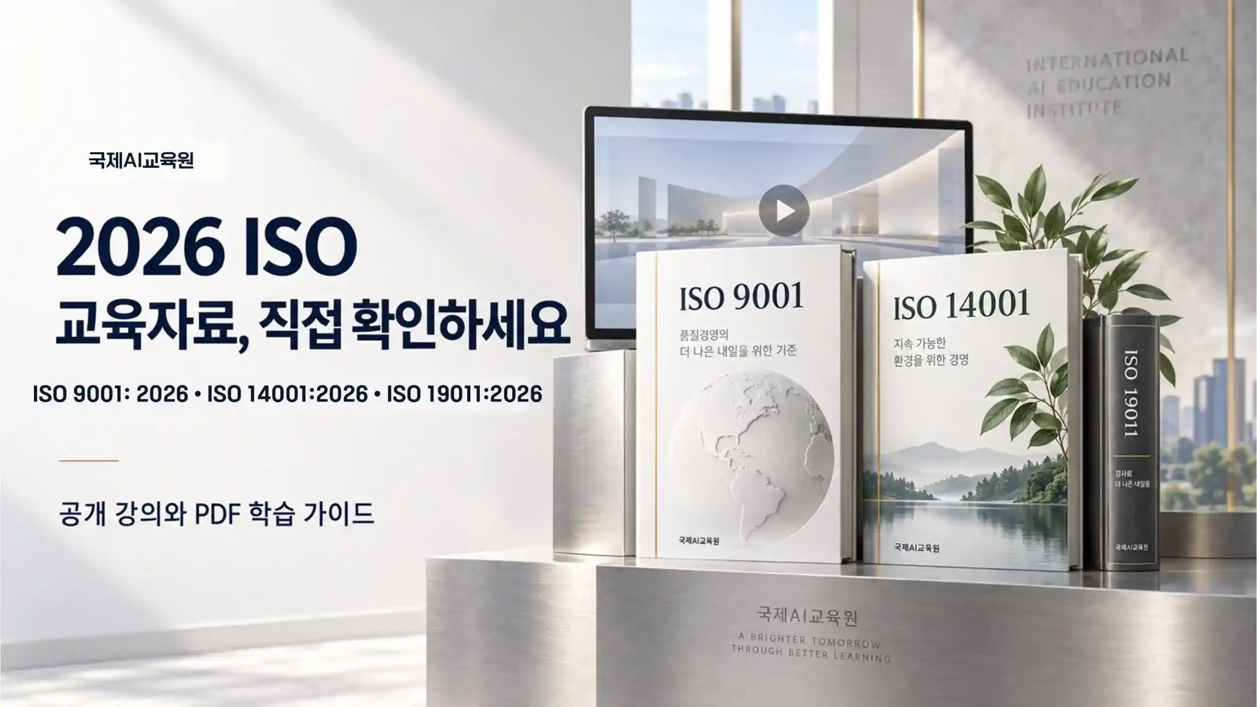국제AI교육원의 ISO 9001·14001·19011 교육용 교재와 공개 강의를 표현한 이미지