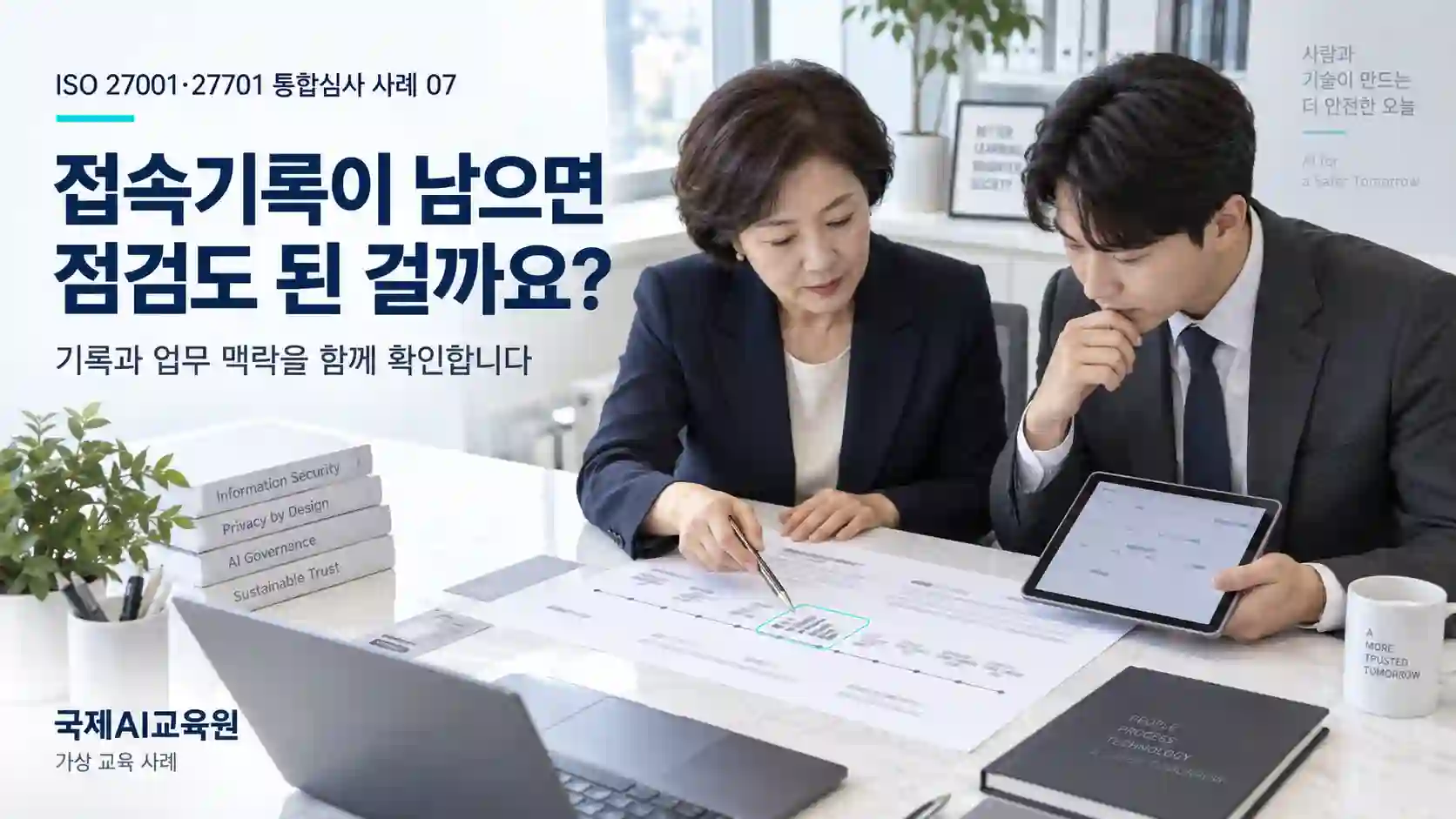 심사원과 운영 담당자가 접속기록의 조회 집중 구간을 업무 일정과 대조하는 가상 교육 장면