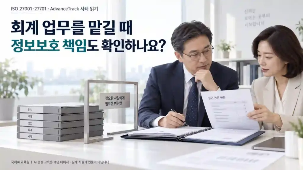 회계자료와 접근권한 문서를 대조하는 두 전문가를 표현한 교육용 개념 이미지