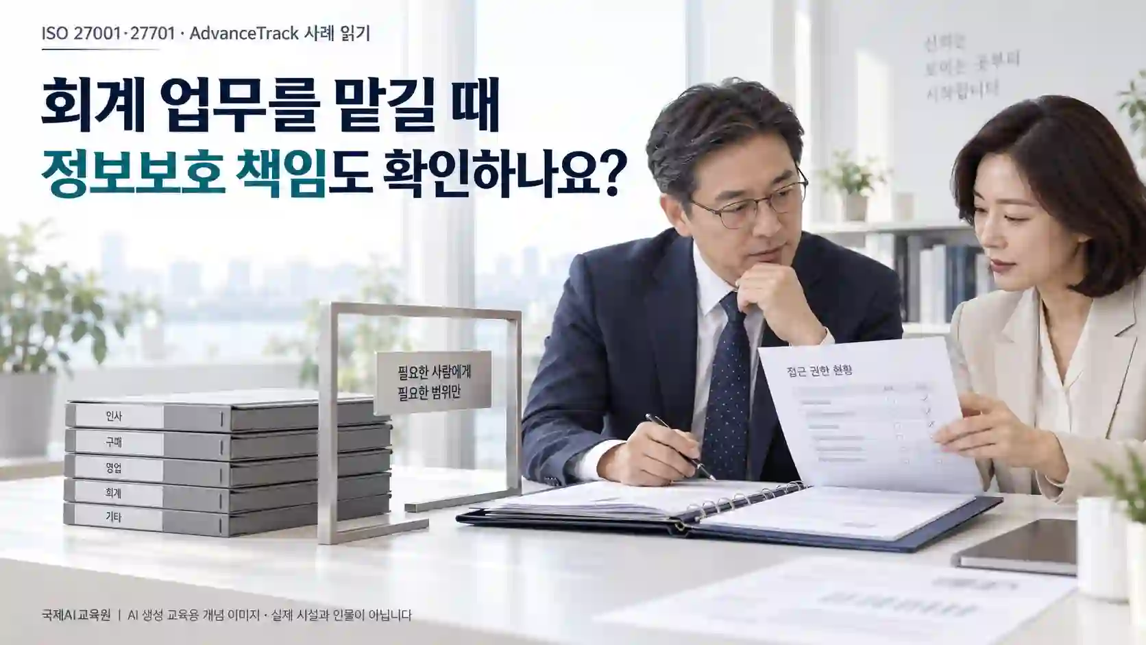 회계자료와 접근권한 문서를 대조하는 두 전문가를 표현한 교육용 개념 이미지