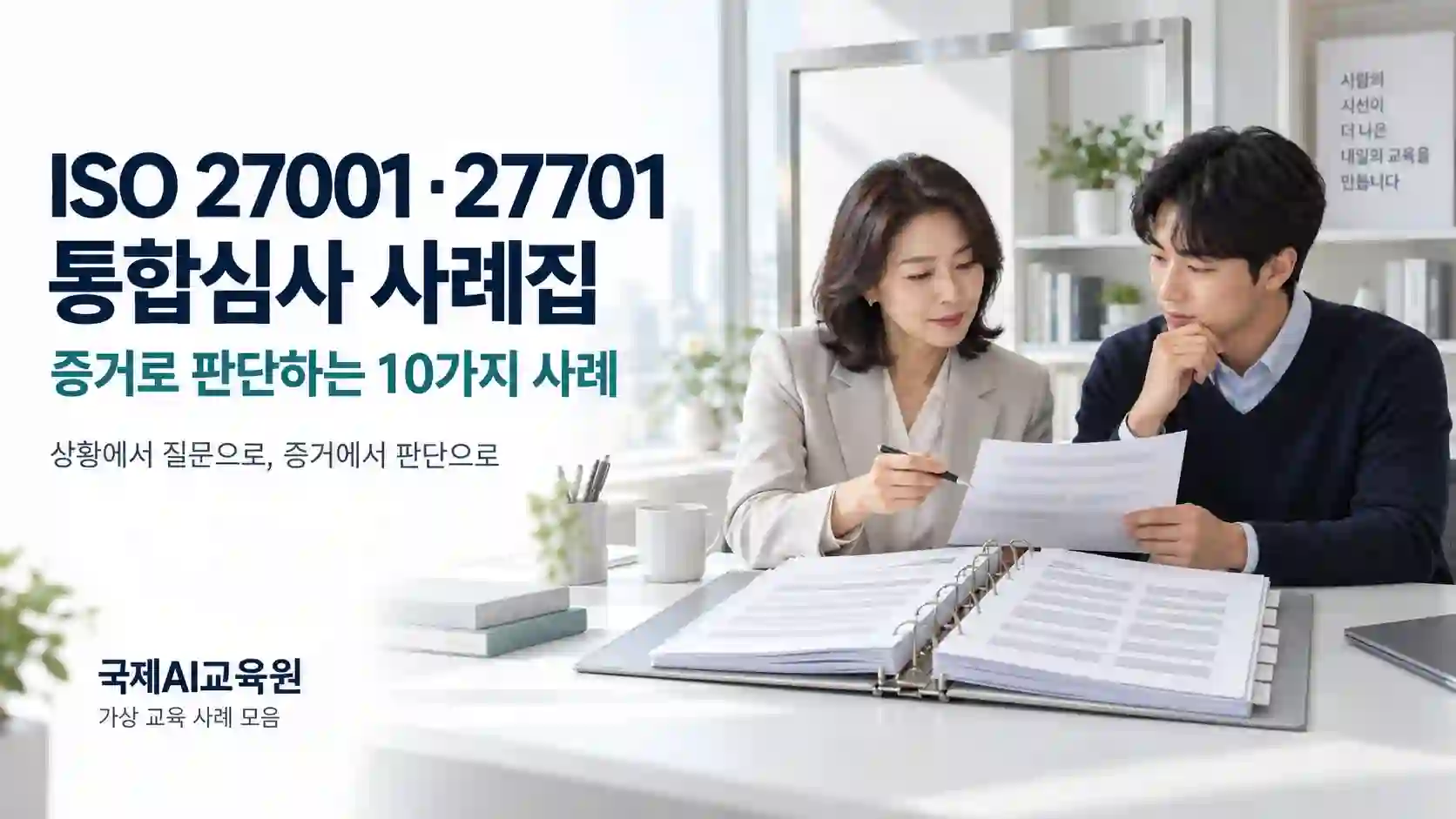 ISO 27001·27701 통합심사 사례집: 두 전문가가 펼친 사례 자료집과 업무 기록을 함께 검토하는 가상 교육 장면