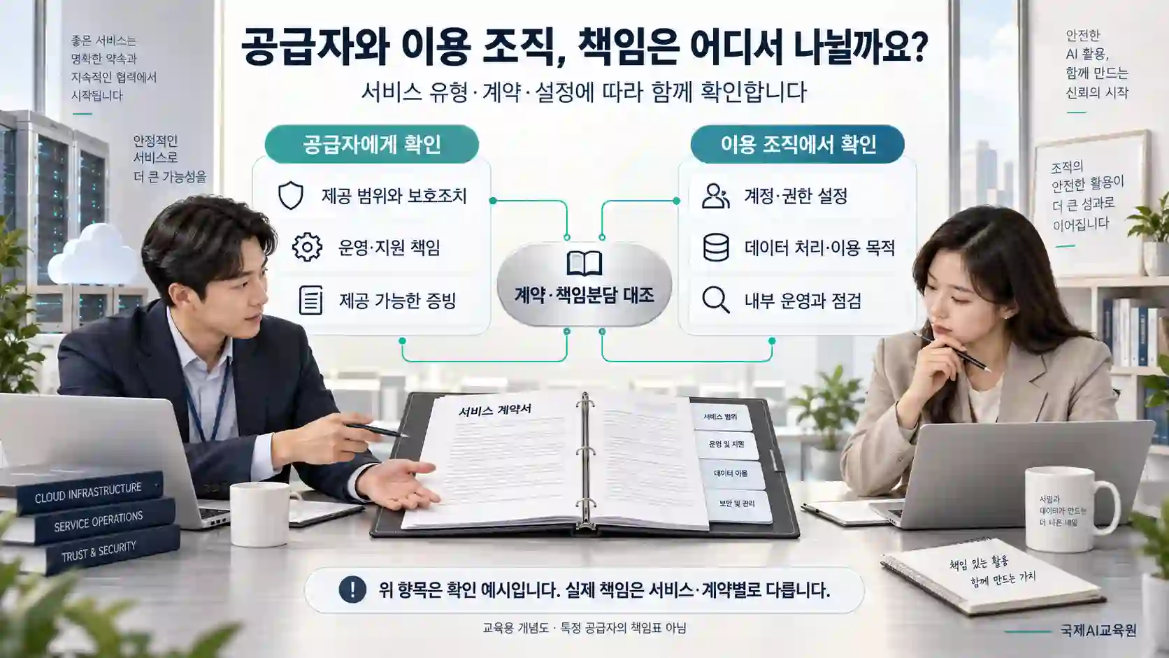 클라우드 공급자와 이용 조직의 책임 확인 공급자의 보호조치와 증빙, 이용 조직의 계정·권한과 데이터 이용 목적을 계약상 책임분담과 대조하는 교육용 비교도