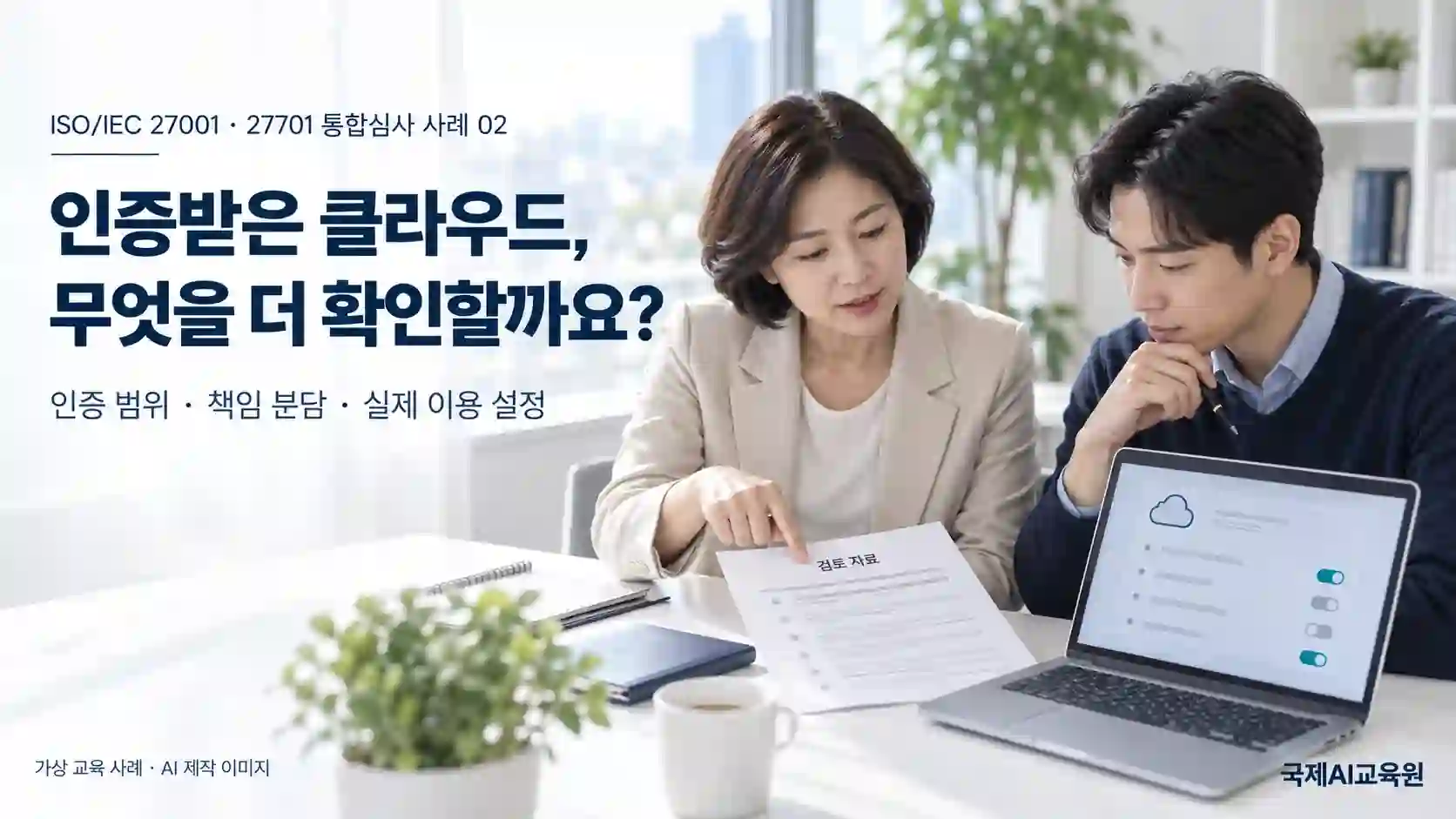 클라우드 서비스의 검토 자료와 실제 이용 설정을 함께 확인하는 심사원과 업무 담당자의 가상 장면