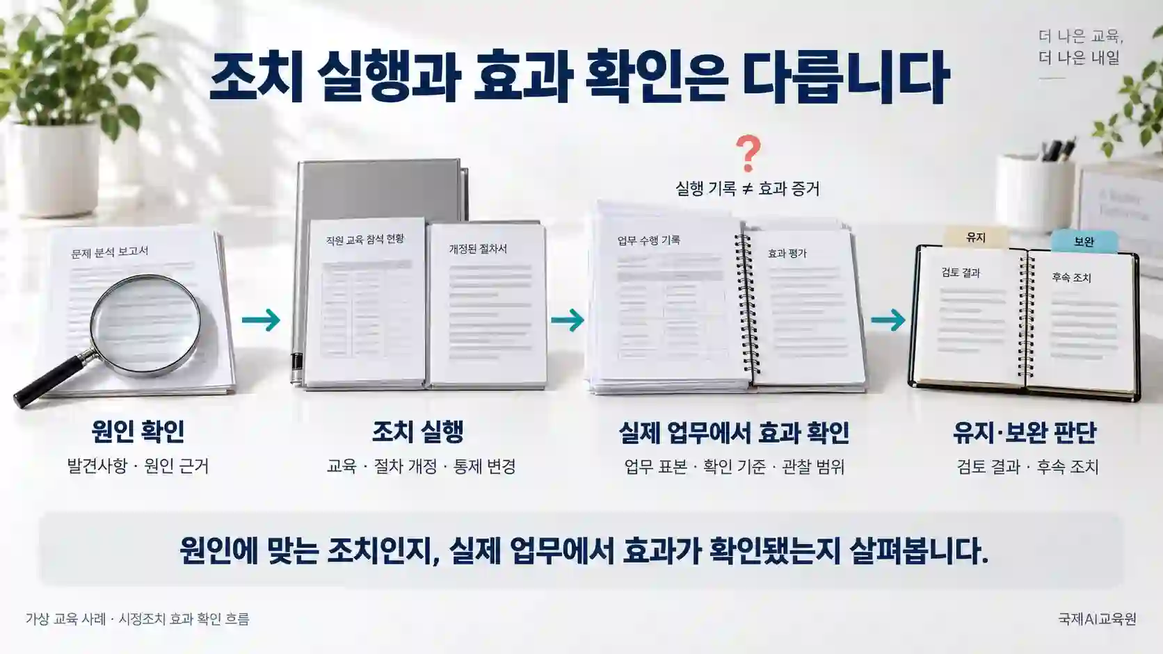 원인 확인, 조치 실행, 실제 업무에서 효과 확인, 유지·보완 판단으로 이어지는 시정조치 증거 확인 흐름