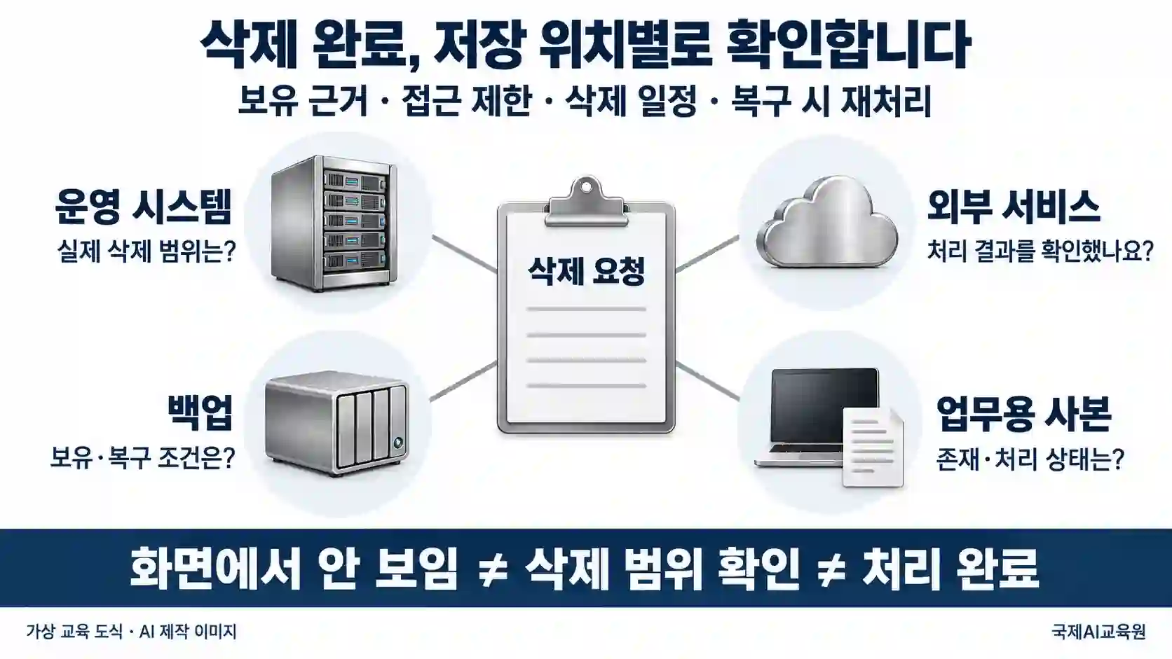 삭제 요청을 중심으로 운영 시스템·외부 서비스·백업·업무용 사본의 처리 범위와 확인 질문을 연결한 교육용 도식