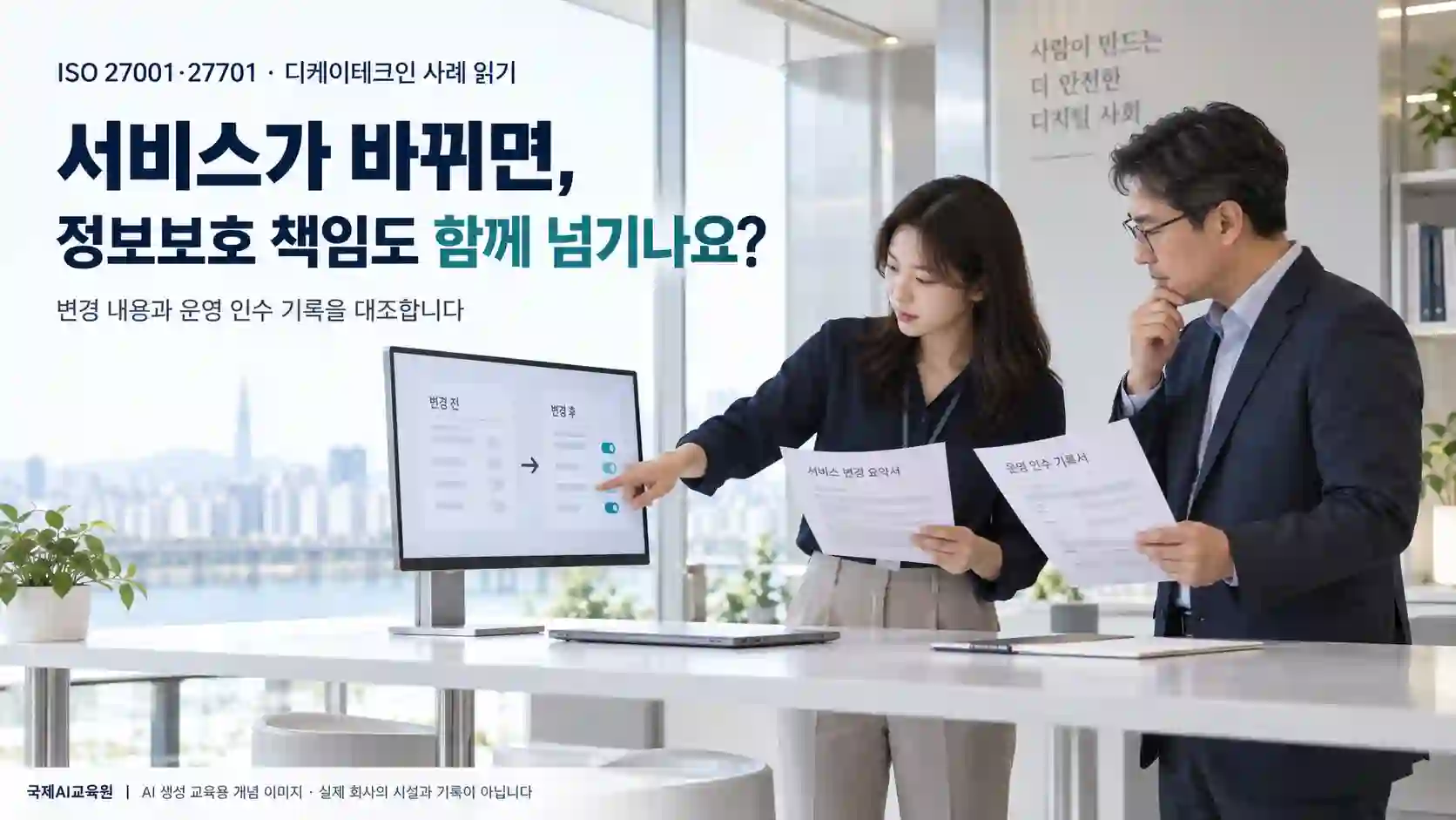 개발 담당자와 운영 담당자가 서비스 변경 내용과 운영 인수 자료를 대조하는 교육용 개념 이미지