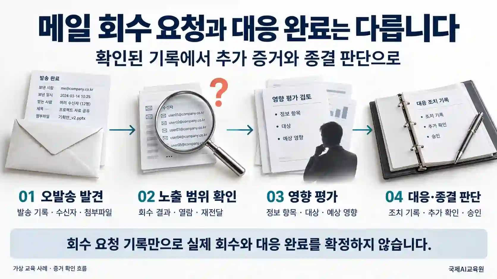 오발송 발견, 노출 범위 확인, 영향 평가, 대응·종결 판단으로 이어지는 네 단계 증거 확인 흐름