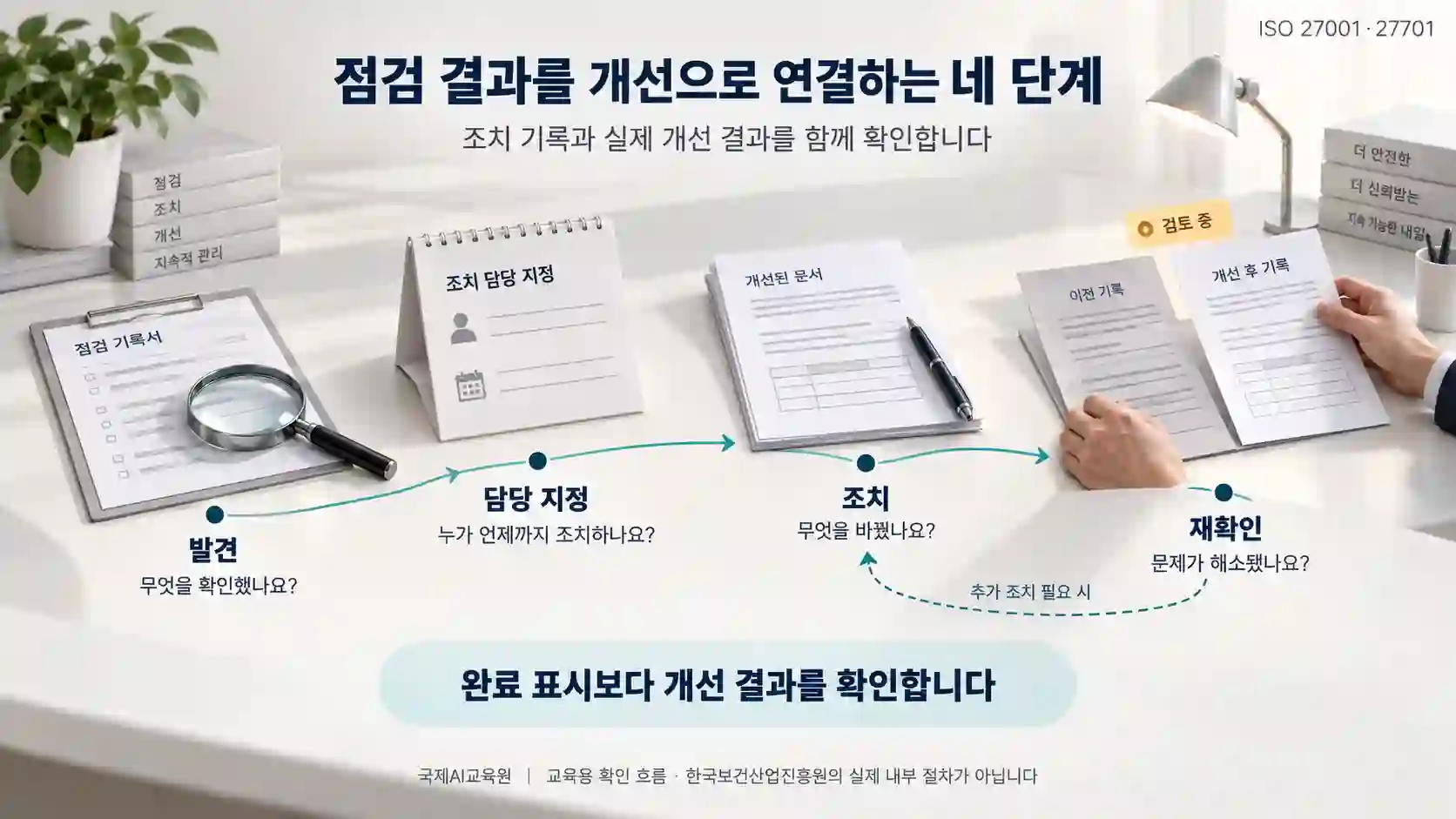 보안 점검 결과와 개선 증거를 연결하는 네 단계 보안 점검의 발견, 담당 지정, 조치, 재확인을 연결하는 교육용 개선 확인 흐름도