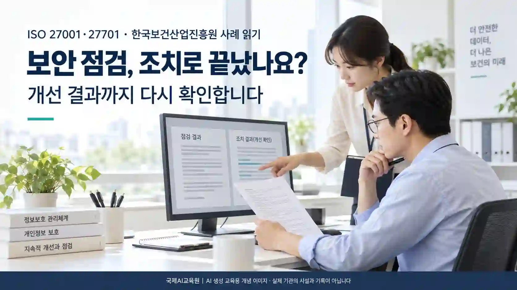 공공서비스 담당자들이 보안 점검 결과와 조치 기록을 대조하는 교육용 개념 이미지