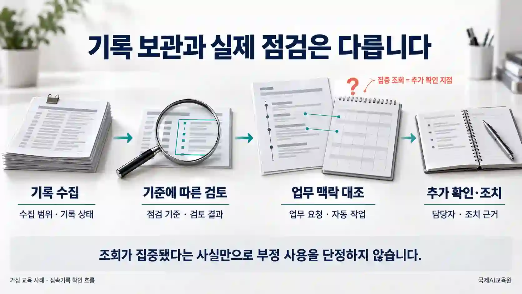 기록 수집, 기준에 따른 검토, 업무 맥락 대조, 추가 확인·조치로 이어지는 접속기록 증거 확인 흐름