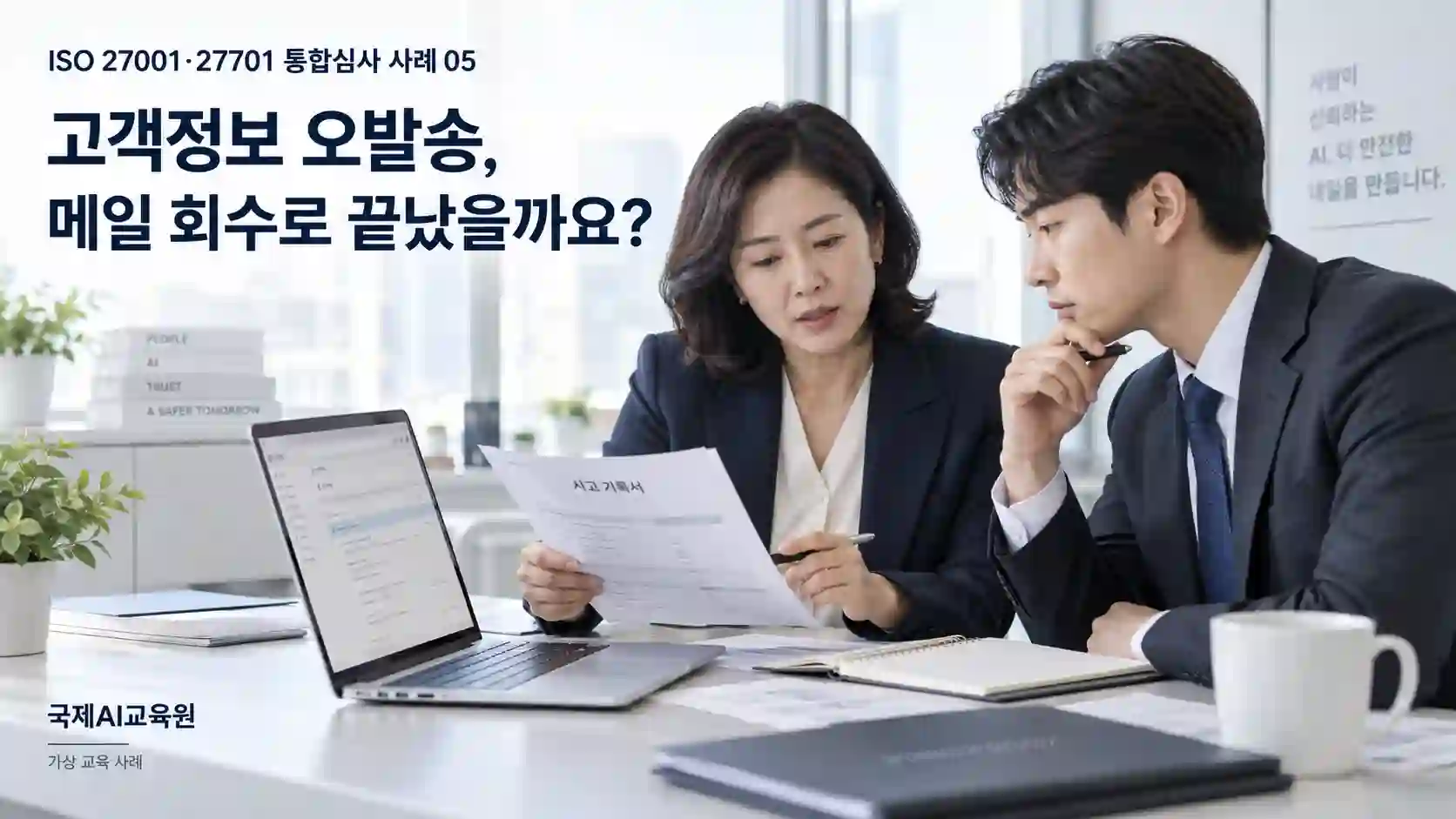고객정보 오발송 후 메일 기록과 사고 기록서를 함께 검토하는 두 담당자의 가상 교육 장면