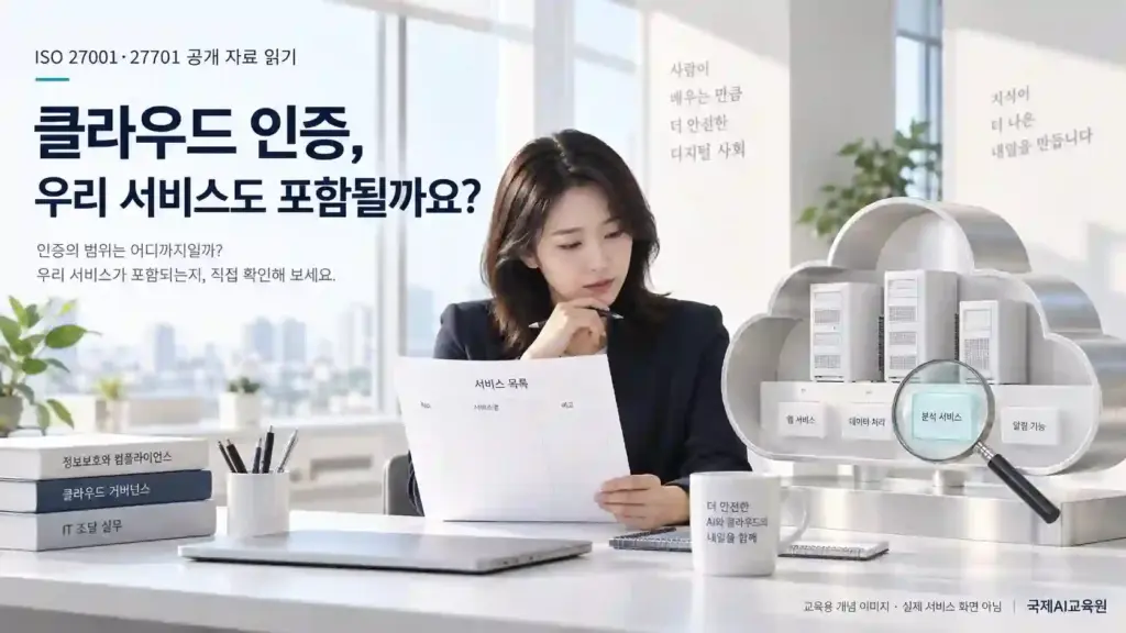 담당자가 서비스 목록과 클라우드 모형을 비교하며 이용 서비스의 인증 범위를 확인하는 교육용 장면