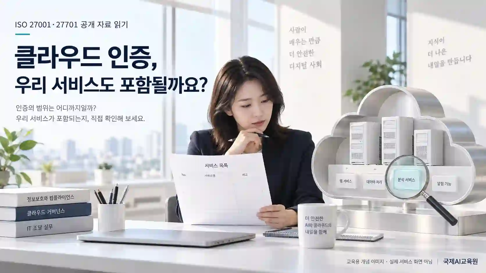 담당자가 서비스 목록과 클라우드 모형을 비교하며 이용 서비스의 인증 범위를 확인하는 교육용 장면