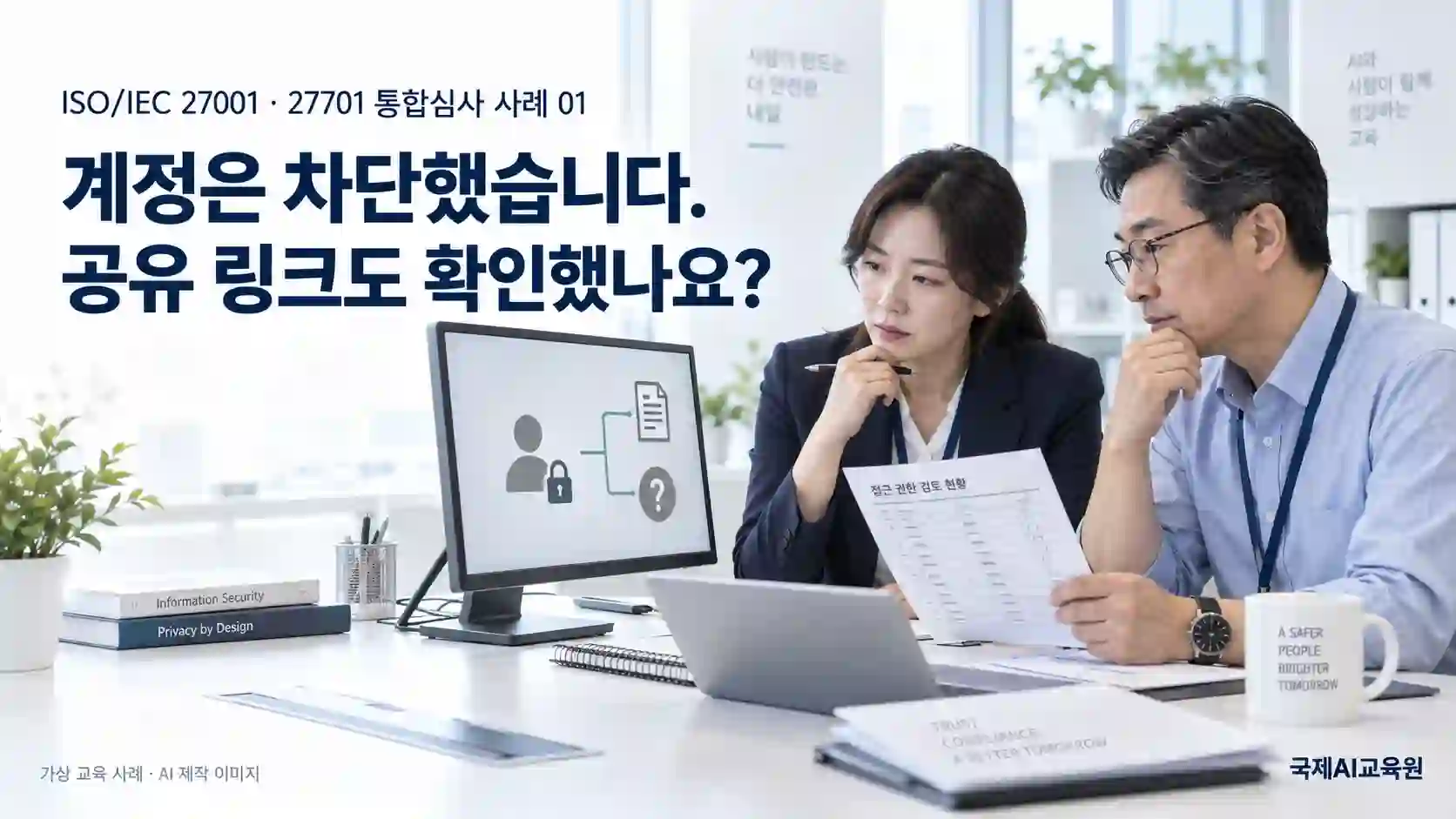 퇴사자 계정 차단 후 고객정보 공유 링크의 접근 상태를 함께 검토하는 심사원과 IT 담당자의 가상 장면