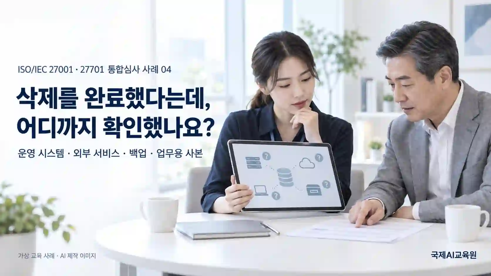 개인정보 삭제 처리 기록과 데이터 저장 위치를 대조하는 IT 담당자와 개인정보 담당자의 가상 장면
