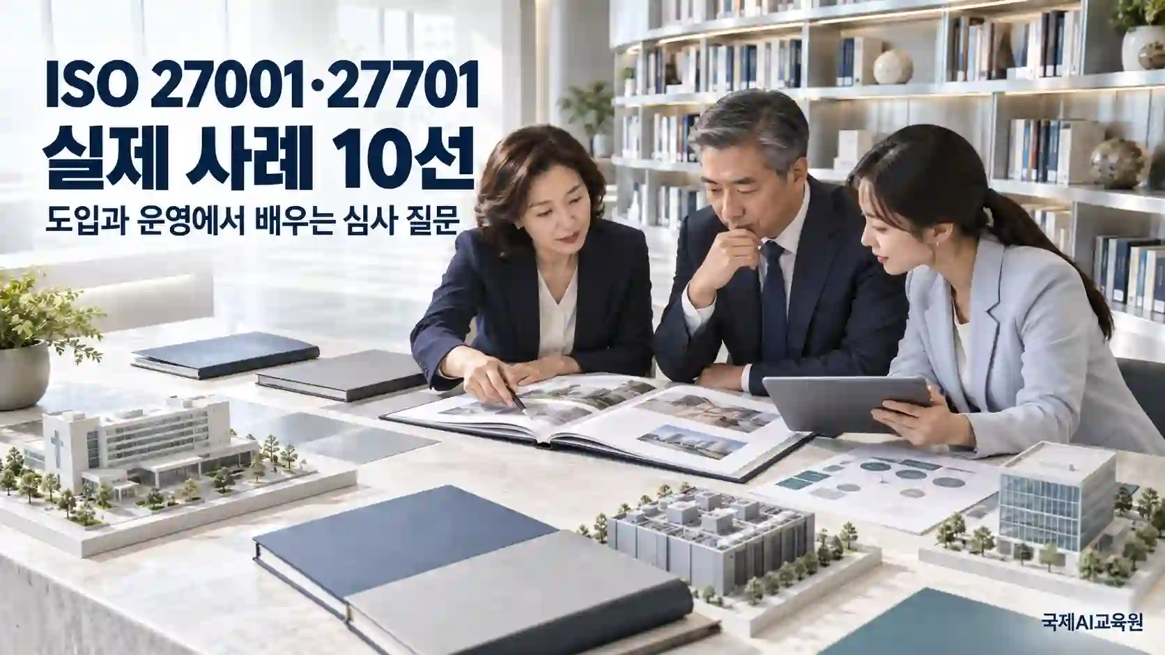 ISO 27001·27701 실제 사례 10선 표지: 전문가 세 명이 시설 모형 앞에서 사례 자료와 태블릿을 함께 검토하는 장면