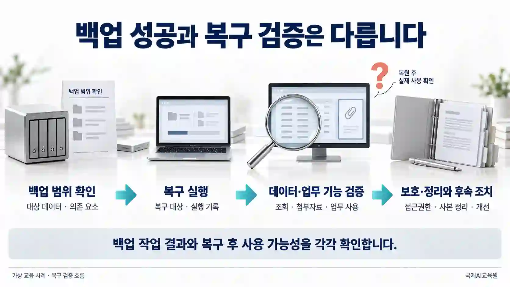 백업 범위 확인, 복구 실행, 데이터·업무 기능 검증, 보호·정리와 후속 조치로 이어지는 복구 검증 흐름