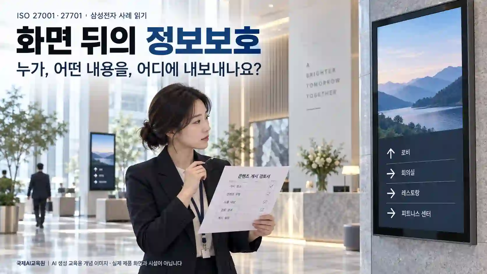 로비의 디지털 안내 화면과 콘텐츠 승인 자료를 대조하는 운영 담당자를 표현한 교육용 개념 이미지