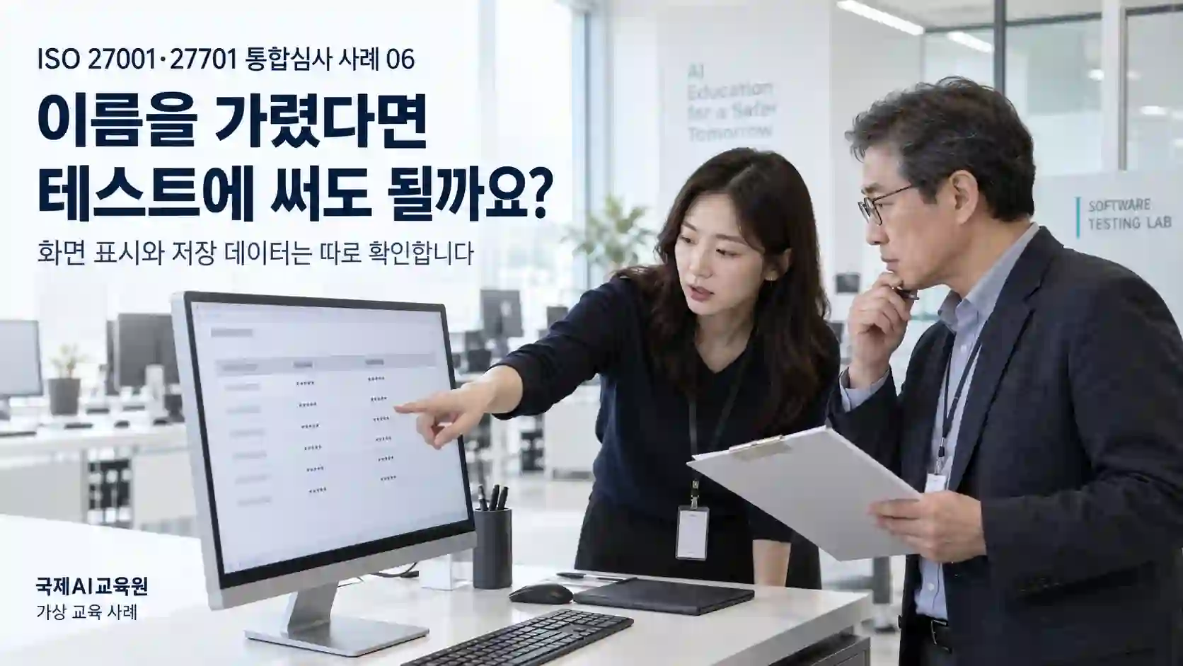 별표로 표시된 테스트 화면과 반입 기록을 대조하는 개발 담당자와 보안 담당자의 가상 교육 장면
