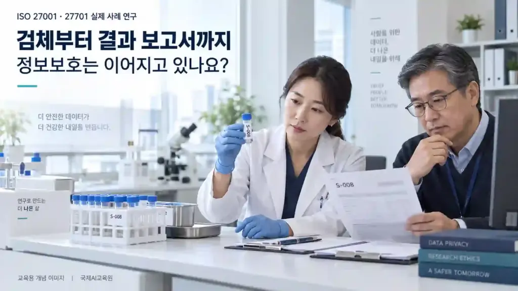 전문가 두 명이 검체의 식별 코드와 결과 보고서를 대조하는 교육용 장면