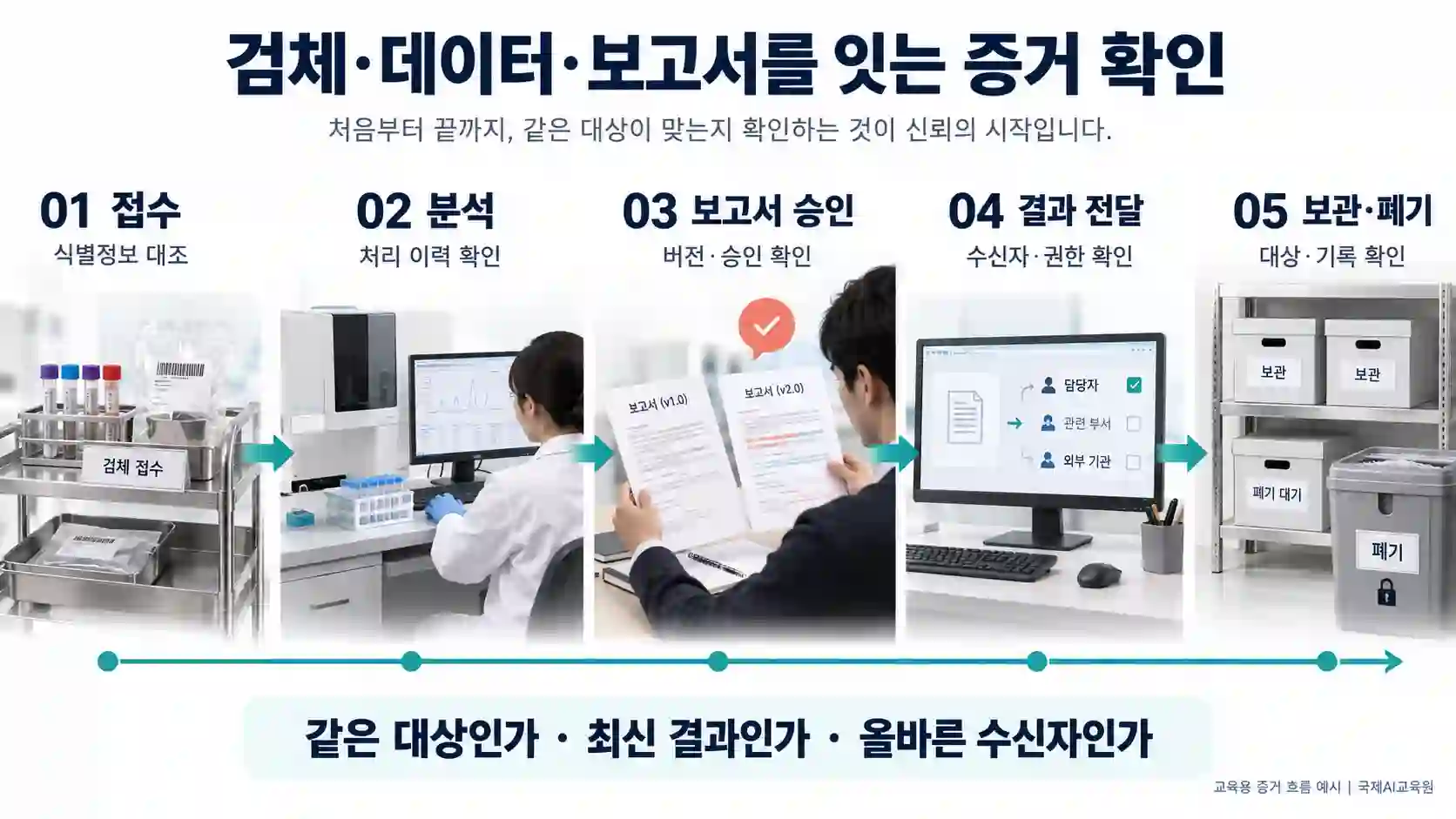 검체·데이터·보고서를 잇는 증거 확인 흐름 접수부터 분석, 보고서 승인, 결과 전달, 보관·폐기까지 단계별 확인 증거를 보여 주는 흐름도