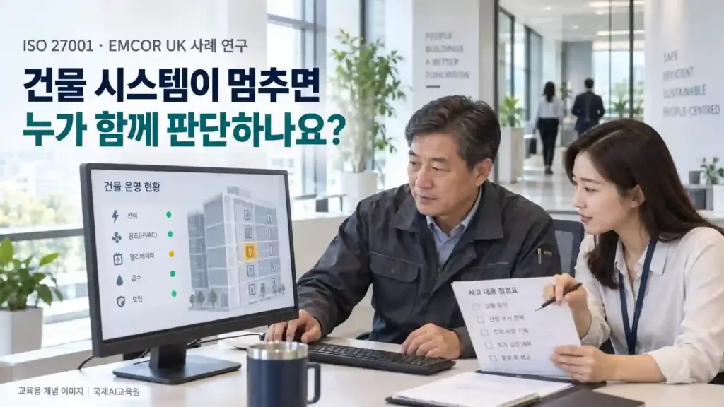 ISO 27001 EMCOR UK 사례의 학습 주제를 표현한 시설·IT 담당자의 장애 대응 공동 검토 장면