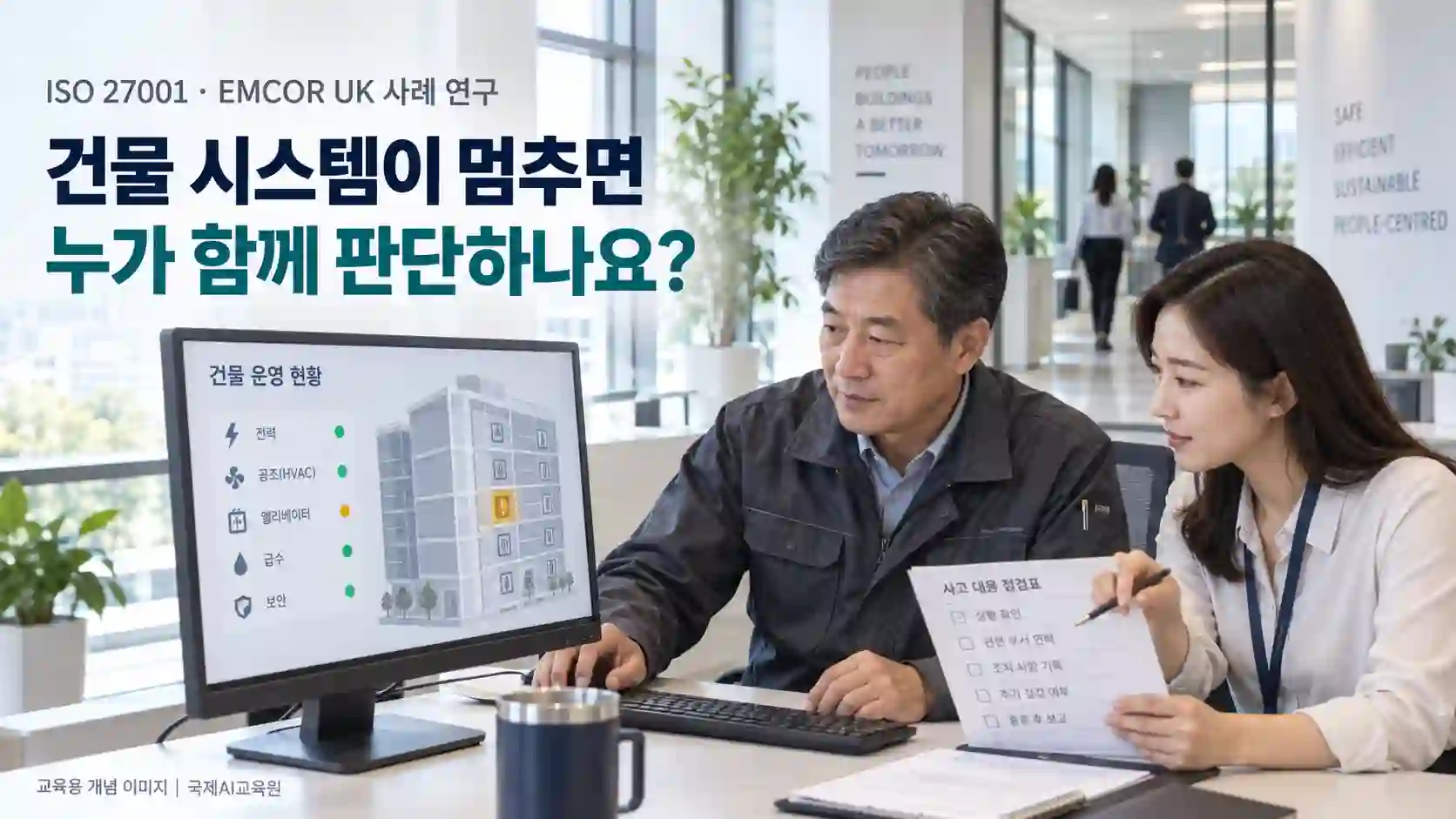 ISO 27001 EMCOR UK 사례: 시설·IT 담당자가 건물 시스템 상태와 장애 대응 기록을 함께 검토하는 장면