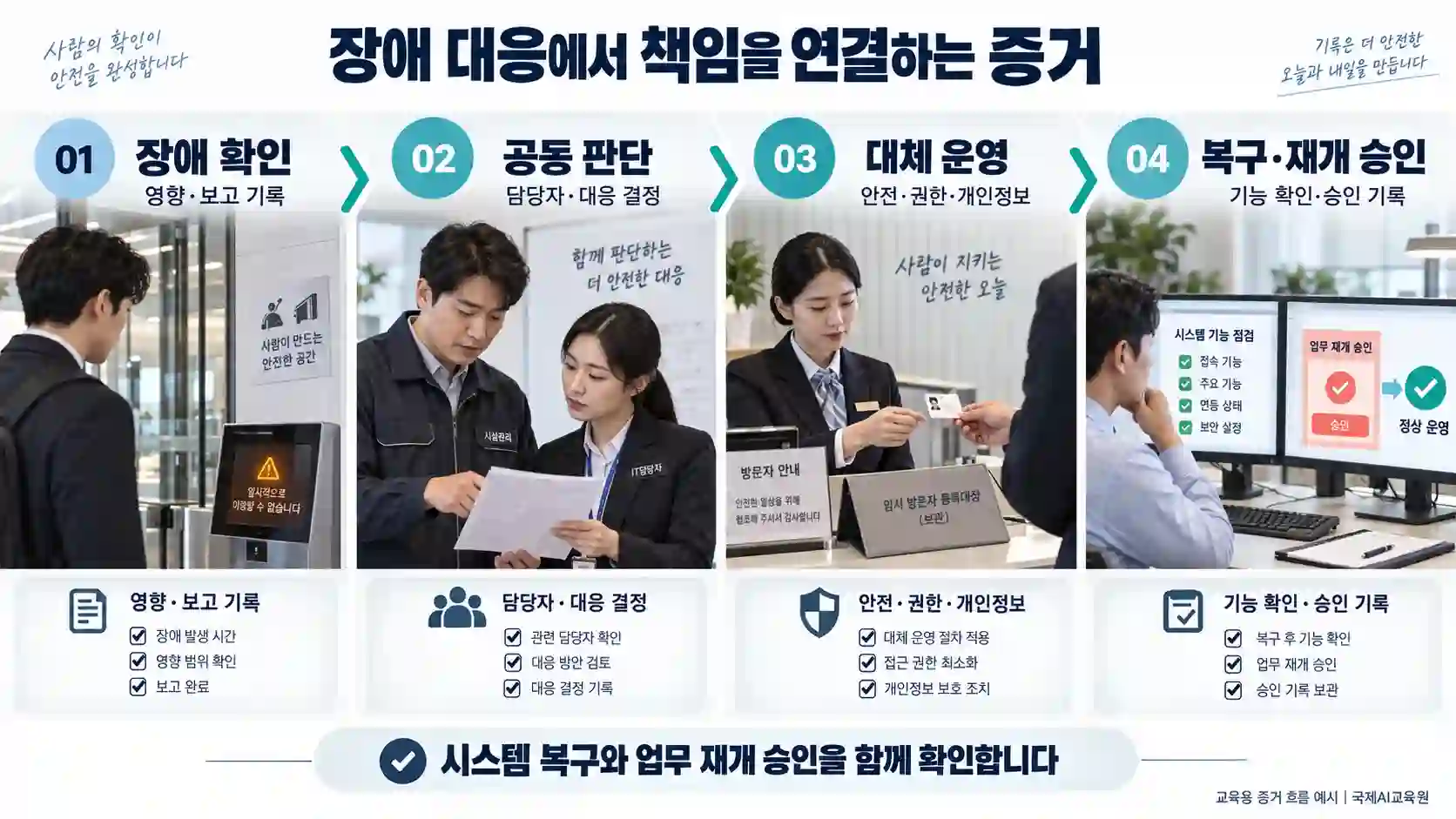 ISO 27001 EMCOR UK 사례: 장애 대응과 복구 승인 증거 흐름 ISO 27001 심사 학습용 장애 대응 흐름도: 장애 확인, 공동 판단, 대체 운영, 복구·재개 승인