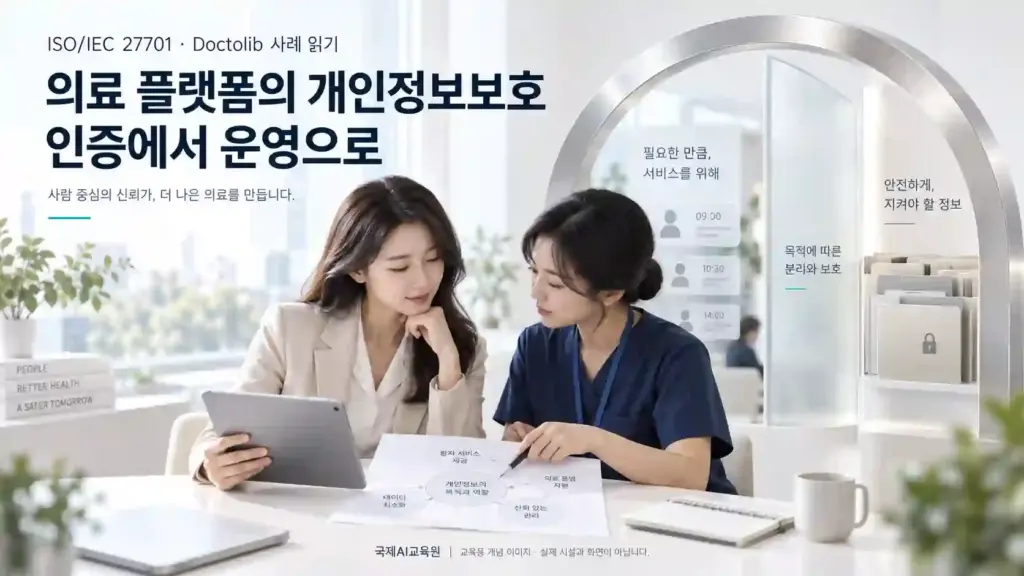 의료 플랫폼의 개인정보 처리 자료를 검토하는 전문가와 은백색 조형물을 표현한 교육용 개념 이미지