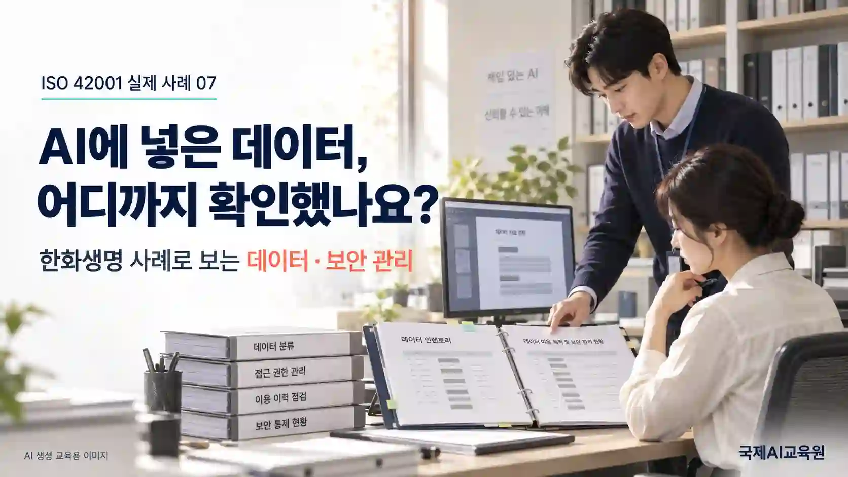 ISO 42001 AI 데이터 관리를 위해 자료 목록과 이용 목적·보안 관리 기록을 대조하는 두 전문가