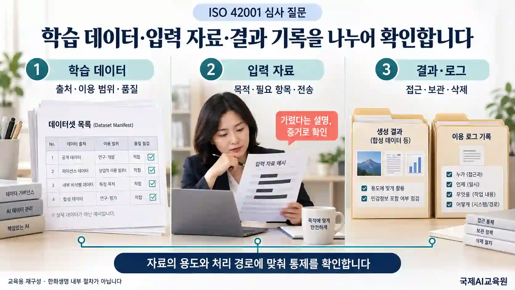 ISO 42001 학습 데이터의 출처·품질, 입력 자료의 목적·전송, 결과와 로그의 접근·보관·삭제를 비교한 도식