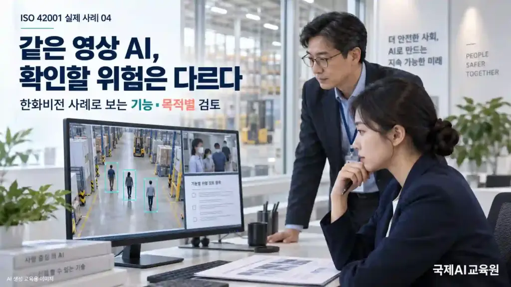 ISO 42001 영상 AI 위험평가를 위해 객체 탐지 화면과 얼굴 가림 화면을 검토하는 두 전문가