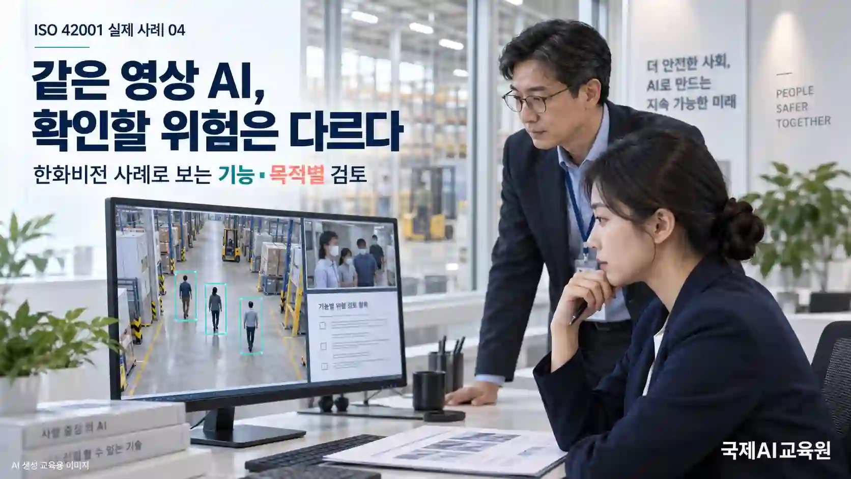 ISO 42001 영상 AI 위험평가를 위해 객체 탐지 화면과 얼굴 가림 화면을 검토하는 두 전문가