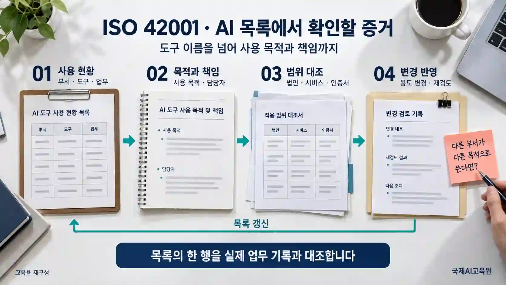 ISO 42001 AI 목록·책임·인증 범위 확인 흐름 ISO 42001 AI 사용 현황에서 목적과 책임, 법인·서비스·인증 범위 대조, 변경 반영과 목록 갱신으로 이어지는 흐름도