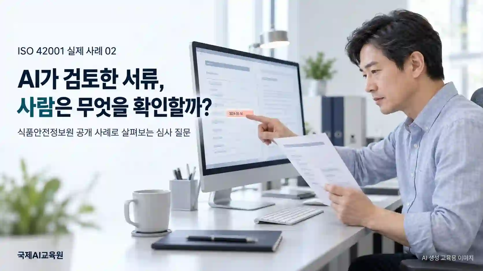 ISO 42001 AI 서류 검토 사례에서 원본 문서와 화면의 추출 결과를 대조하는 담당자