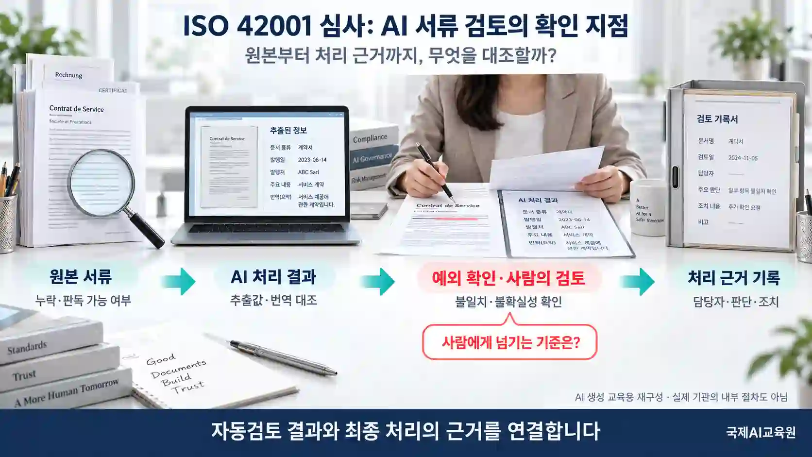 원본 서류, AI 처리 결과, 사람의 예외 검토, 처리 근거 기록을 연결한 ISO 42001 심사 학습 흐름도