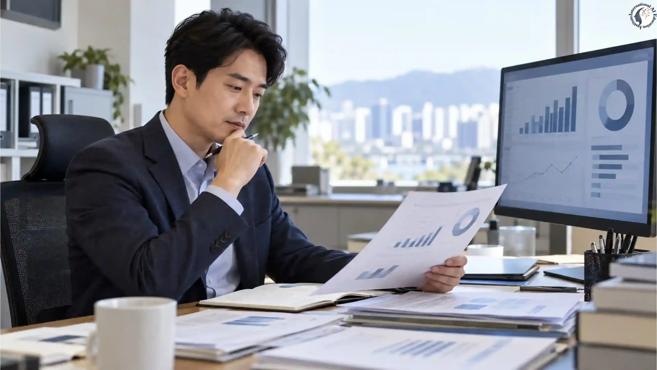 공공기관 AI 활용 실적 검토 공공기관 AI 활용 실적을 경영평가 보고서로 정리하는 담당자의 가상 장면