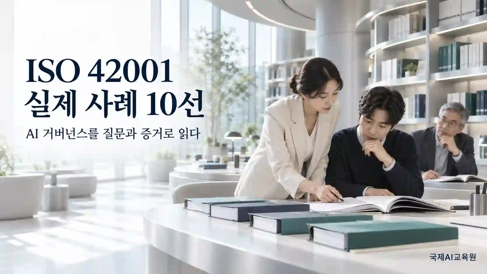 ISO 42001 사례 자료를 펼쳐 놓고 함께 읽으며 검토하는 세 명의 전문가