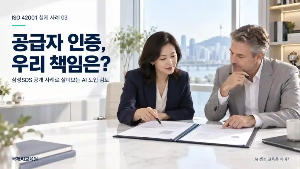 ISO 42001 AI 도입 검토를 위해 공급자 서비스 자료와 조직의 사용 계획을 대조하는 두 전문가