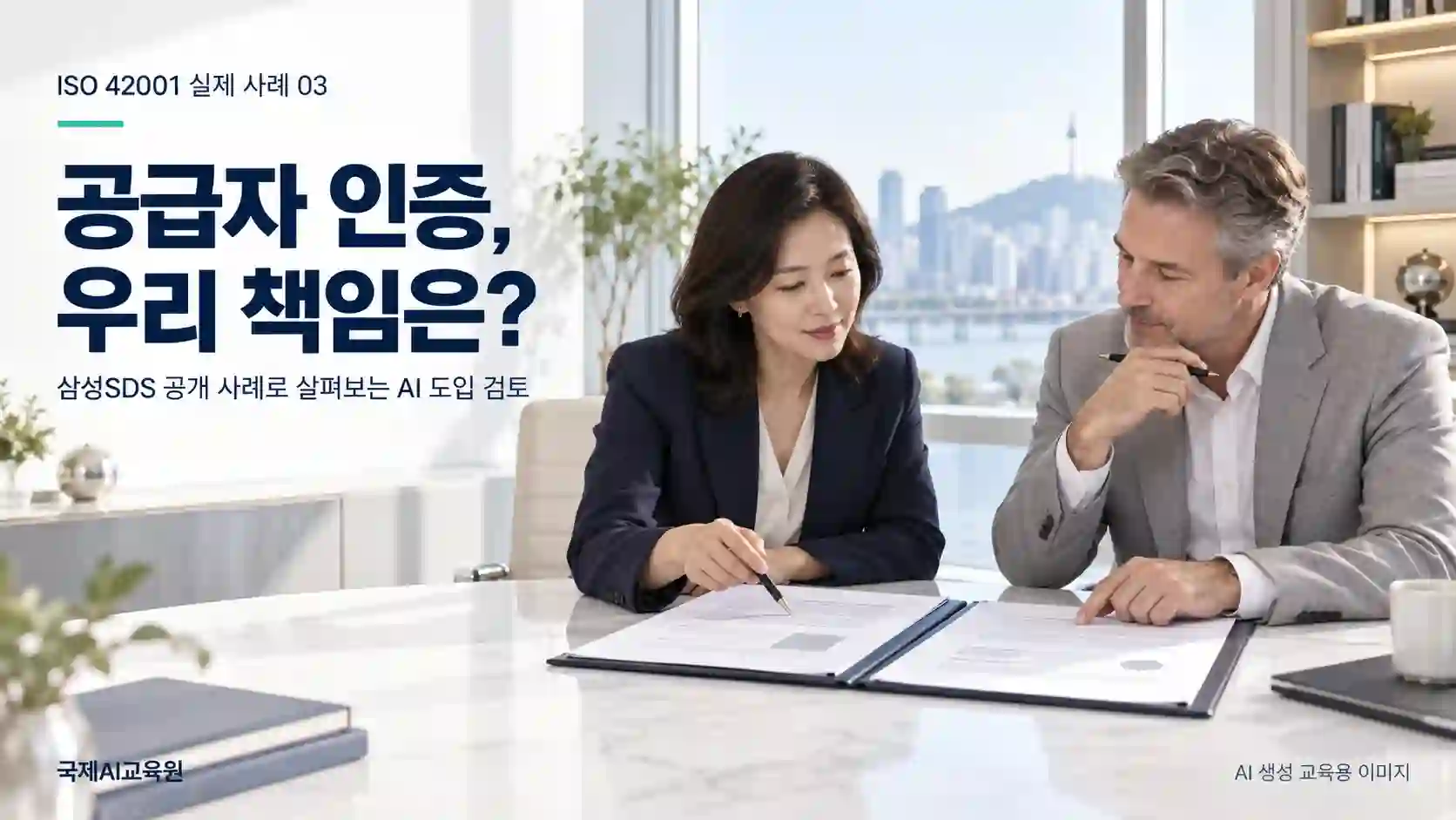 ISO 42001 AI 도입 검토를 위해 공급자 서비스 자료와 조직의 사용 계획을 대조하는 두 전문가
